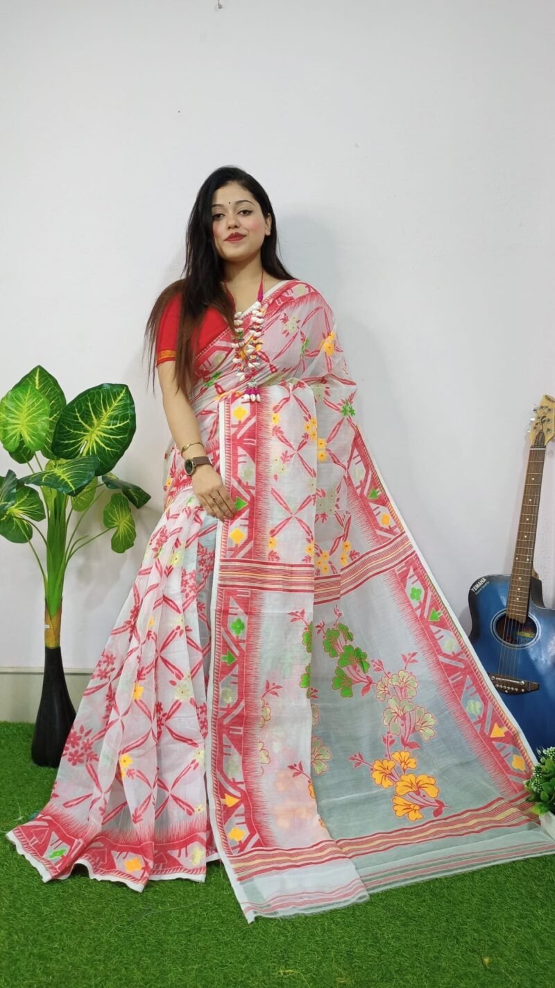 White Lota Cross Jamdani Sari - Image 2