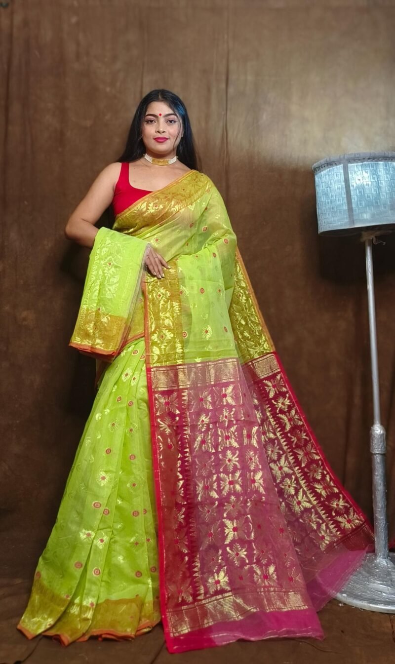 Avocado Green Soft Copper Joriwork Dhakai Jamdani Saree - Image 2