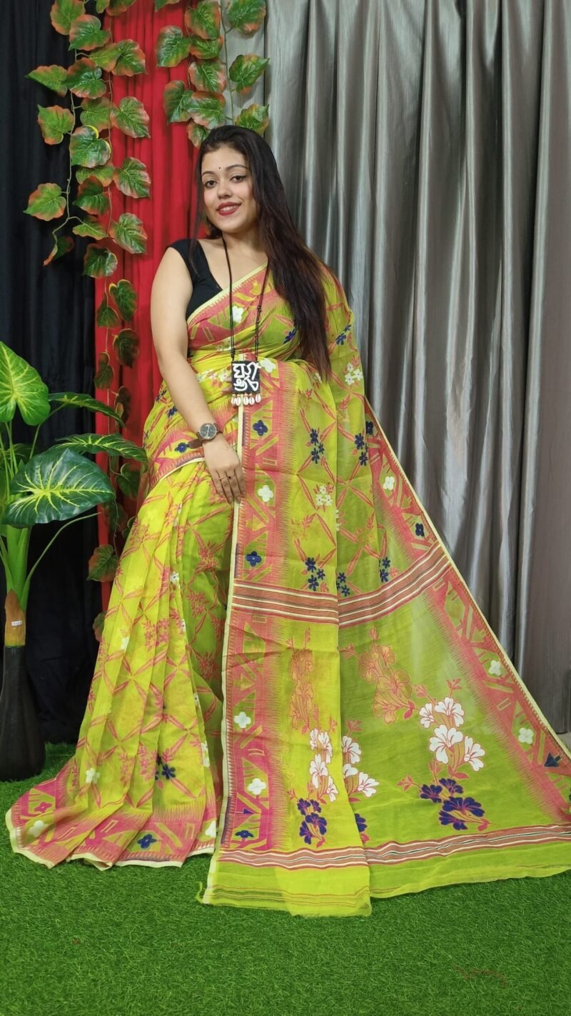 Bird Flower Lota Cross Jamdani Sari - Image 2