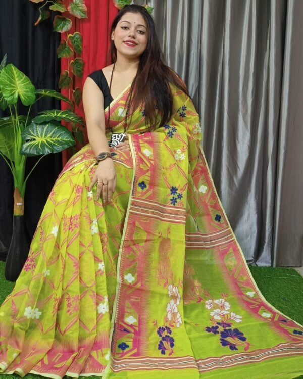 Bird Flower Lota Cross Jamdani Sari