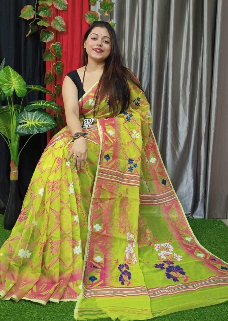 Bird Flower Lota Cross Jamdani Sari