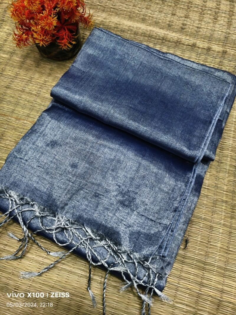 Blue Grey Soft Cotton Silk Sari With Blouse Piece