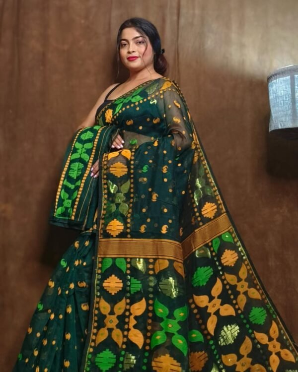 Bottle Green Soft Dhakai Jamdani Sari