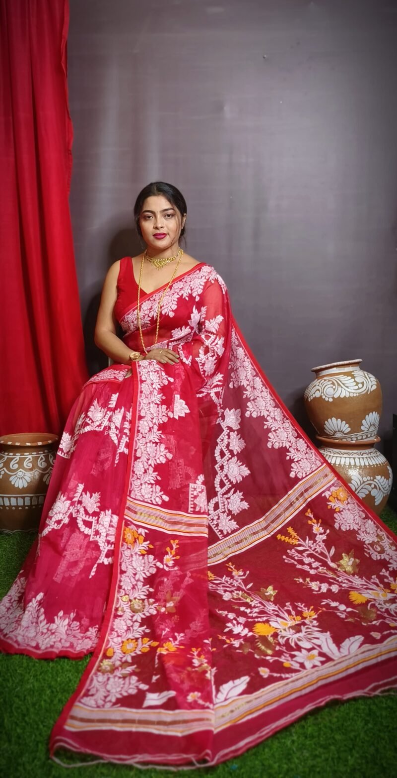 Bright Maroon Soft Dhakai Jamdani Saree