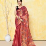 Dark Coral Soft Tissue Handloom Saree