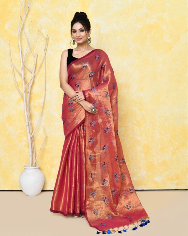 Dark Coral Soft Tissue Handloom Saree