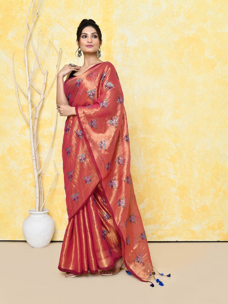 Dark Coral Soft Tissue Handloom Saree