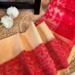 Dark Cream Soft Ikkat Korat Dhakai Jamdani Saree