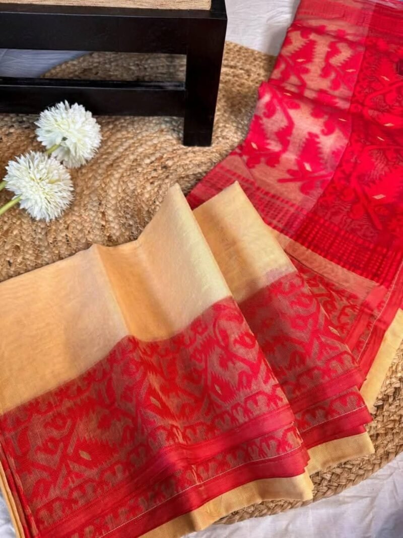 Dark Cream Soft Ikkat Korat Dhakai Jamdani Saree