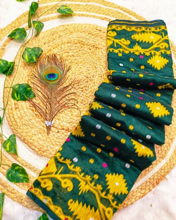 Dark Green Soft Dhakai Jamdani Saree