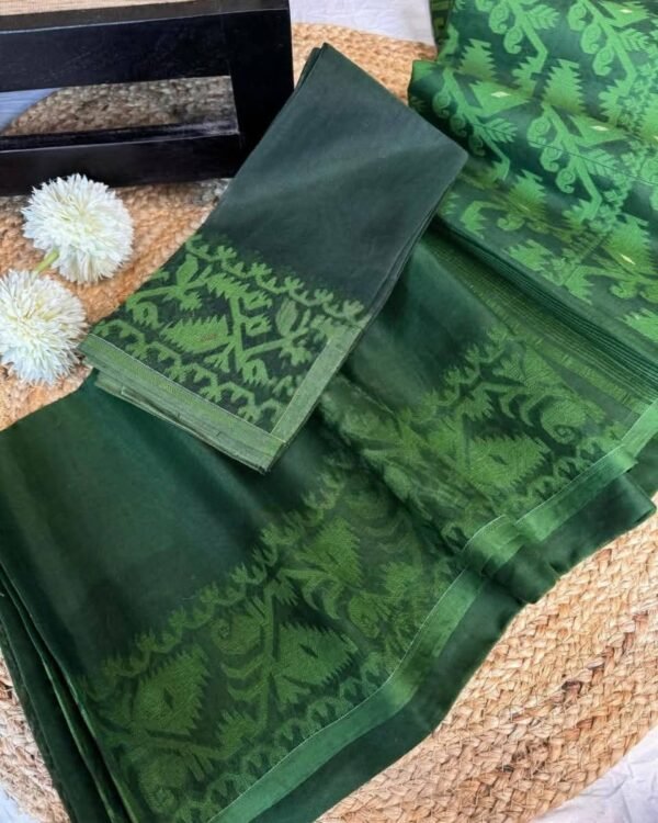 Dark Green Soft Ikkat Korat Dhakai Jamdani Saree