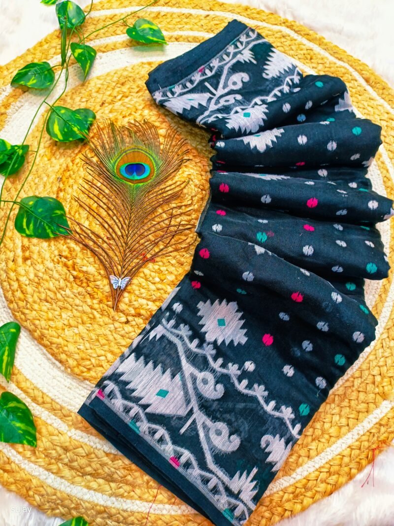 Dark Grey Blue Soft Dhakai Jamdani Saree