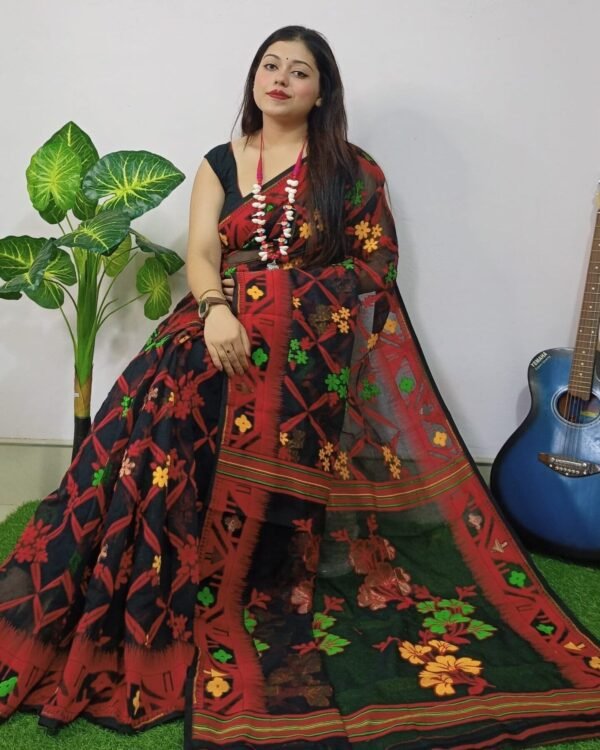 Dark Lota Cross Jamdani Sari