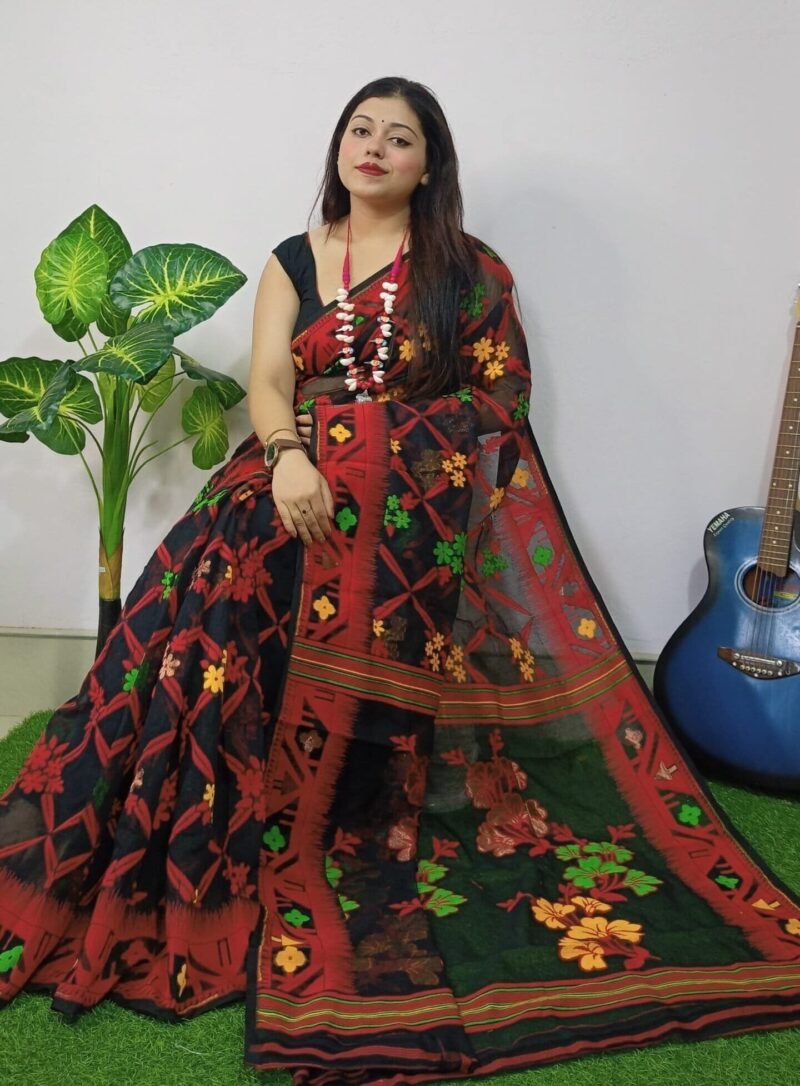 Dark Lota Cross Jamdani Sari