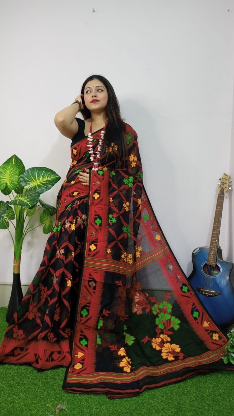 Dark Lota Cross Jamdani Sari - Image 2