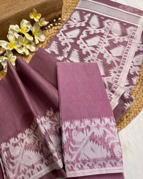 Dusky Rose Soft Ikkat Korat Dhakai Jamdani Saree