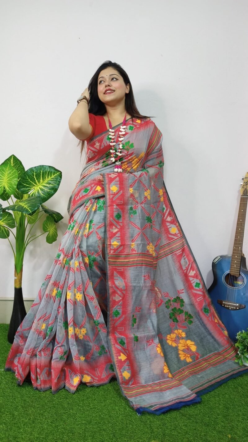 Dusty Grey Lota Cross Jamdani Sari - Image 2