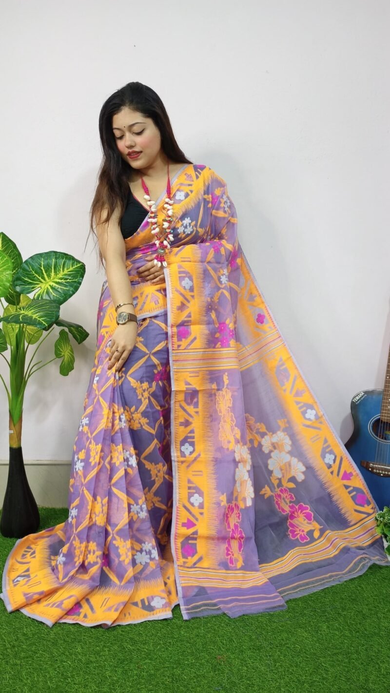 Faded Purple Lota Cross Jamdani Sari - Image 2