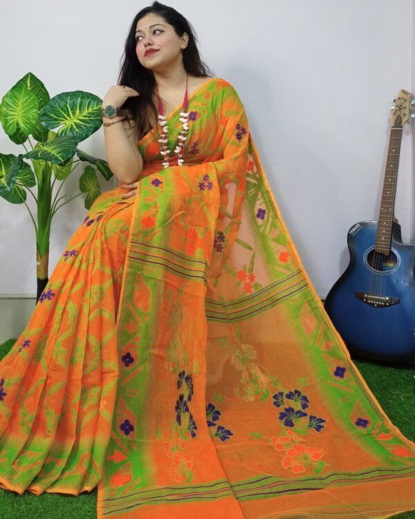 Flame Pea Lota Cross Jamdani Sari