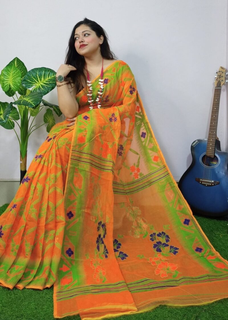 Flame Pea Lota Cross Jamdani Sari