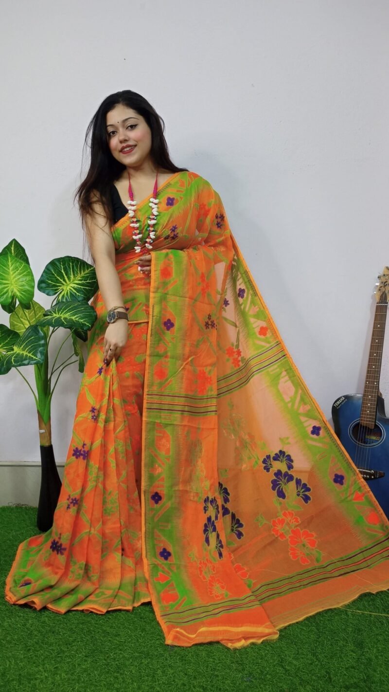 Flame Pea Lota Cross Jamdani Sari - Image 2