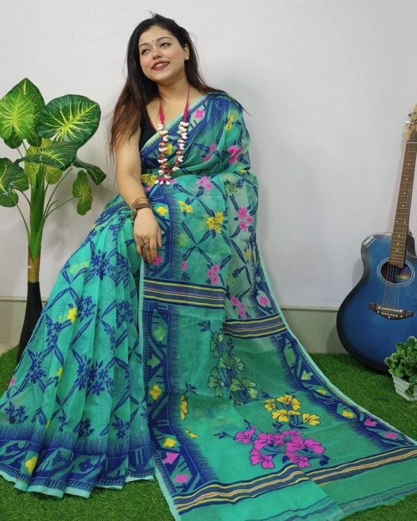 Greenish Blue Lota Cross Jamdani Sari
