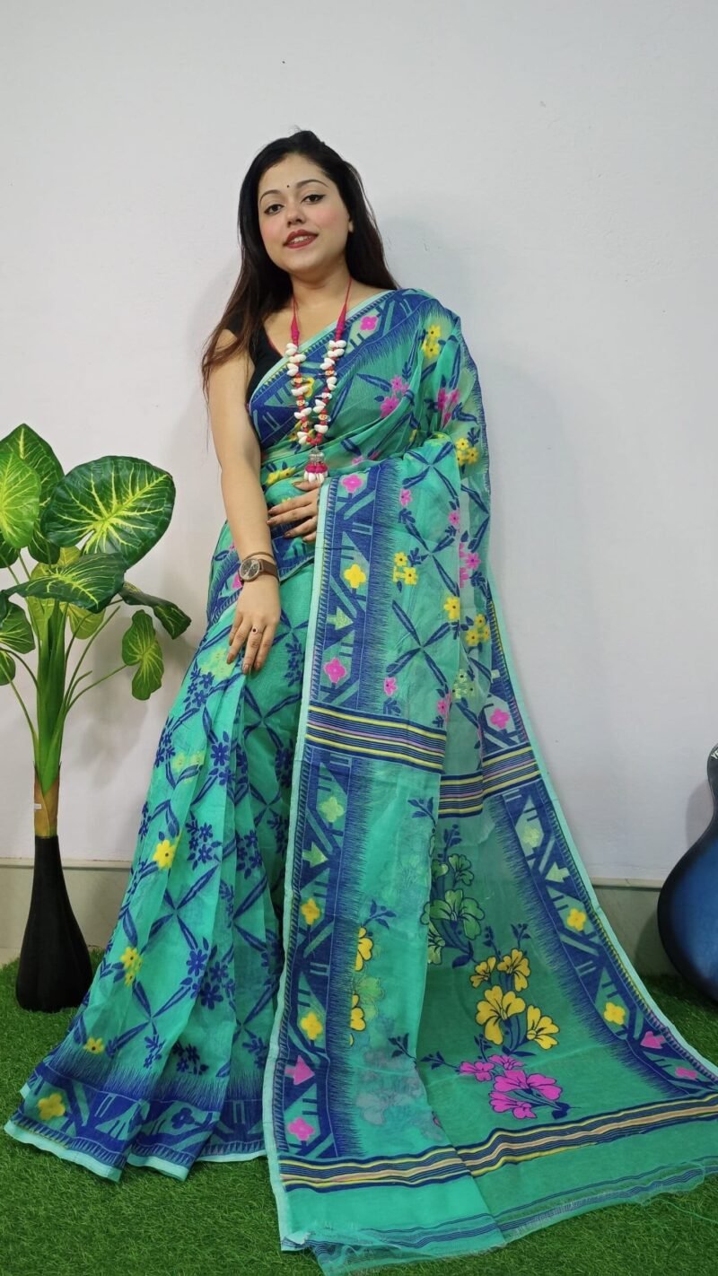 Greenish Blue Lota Cross Jamdani Sari - Image 2