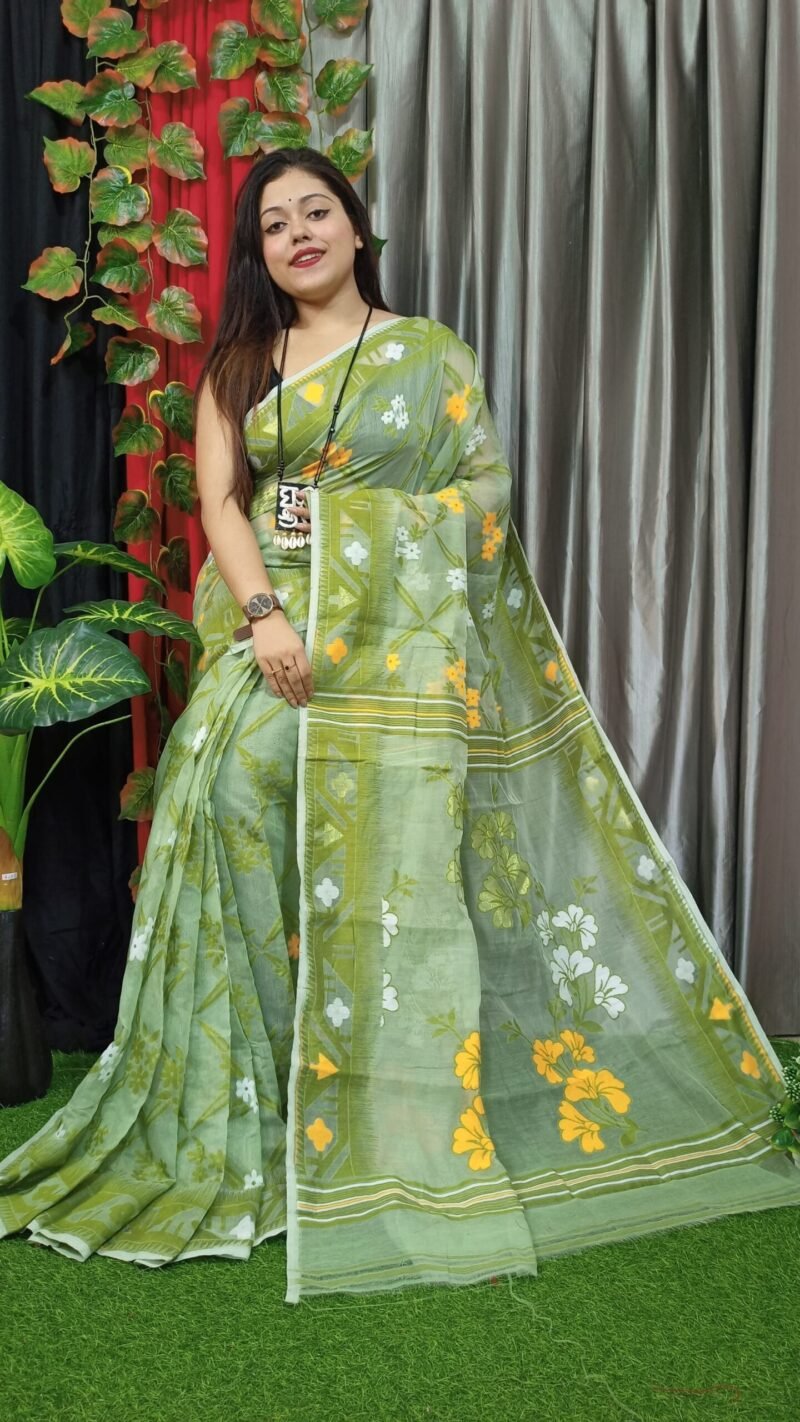 Grey Green Lota Cross Jamdani Sari - Image 2