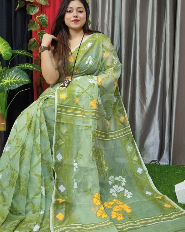 Grey Green Lota Cross Jamdani Sari