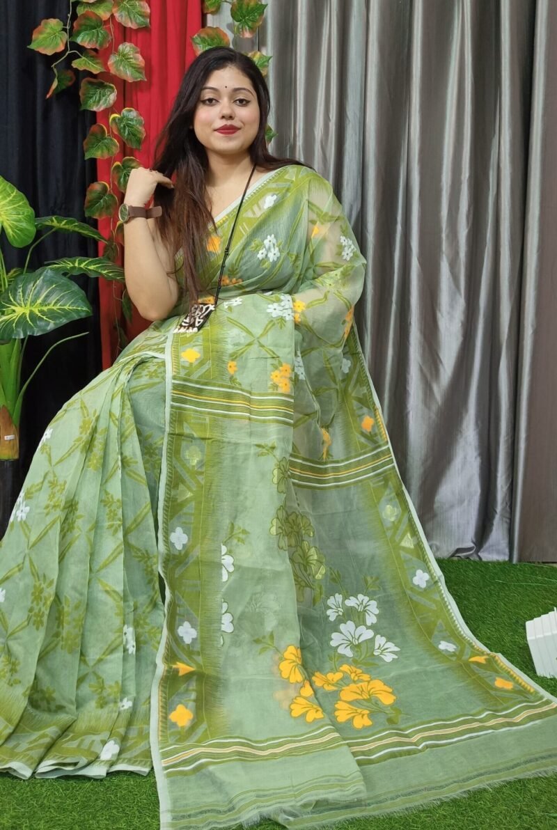 Grey Green Lota Cross Jamdani Sari