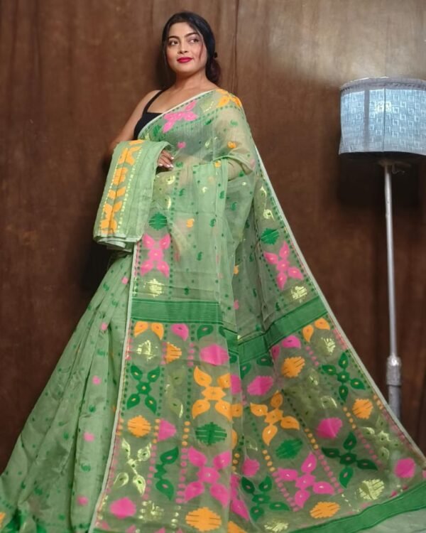 Greyish Green Soft Dhakai Jamdani Sari