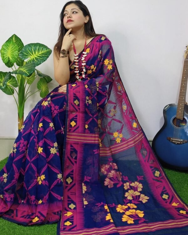 Gulf Blue Lota Cross Jamdani Sari