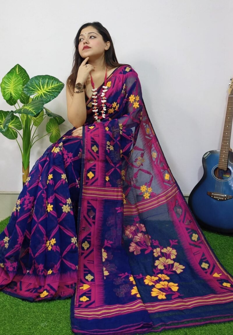 Gulf Blue Lota Cross Jamdani Sari