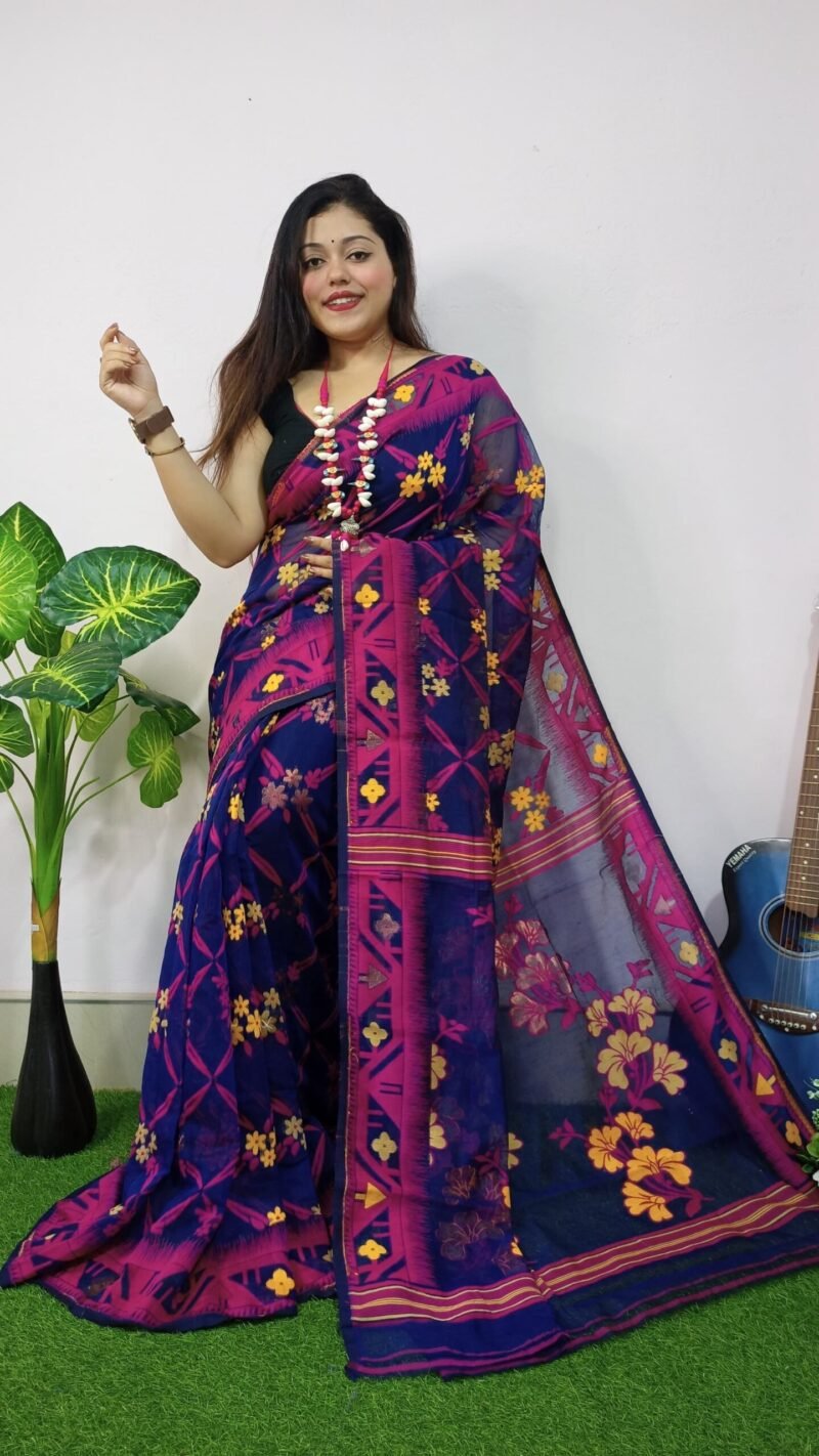 Gulf Blue Lota Cross Jamdani Sari - Image 2