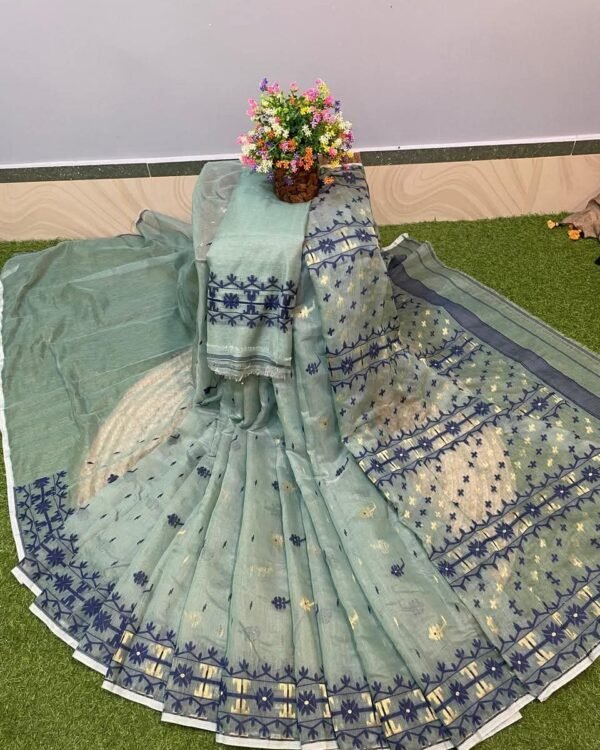 Nilanjona Soft Olive Blue Jamdani Saree