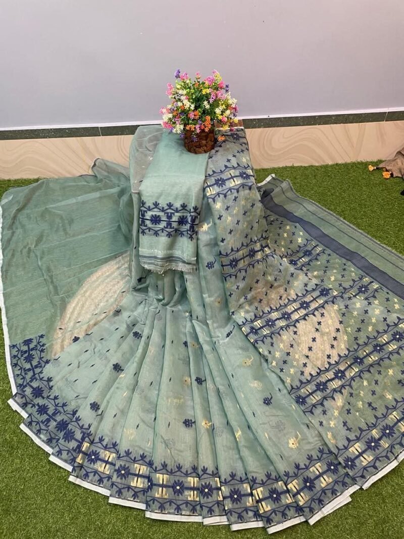 Nilanjona Soft Olive Blue Jamdani Saree