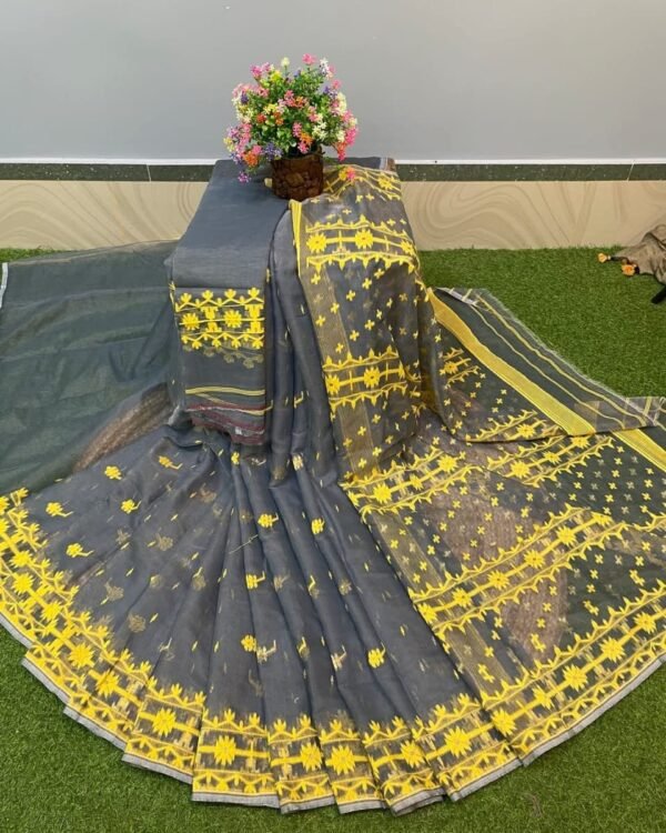 Nilanjona Soft Grey Yellow Jamdani Saree