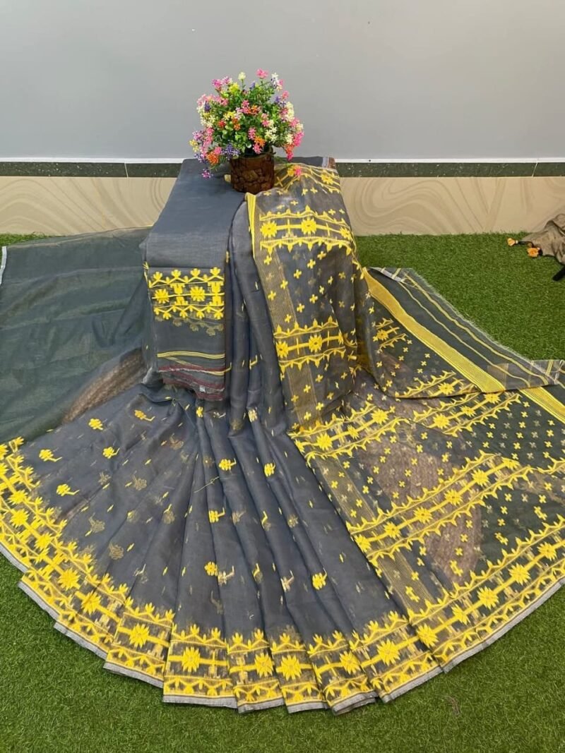 Nilanjona Soft Grey Yellow Jamdani Saree