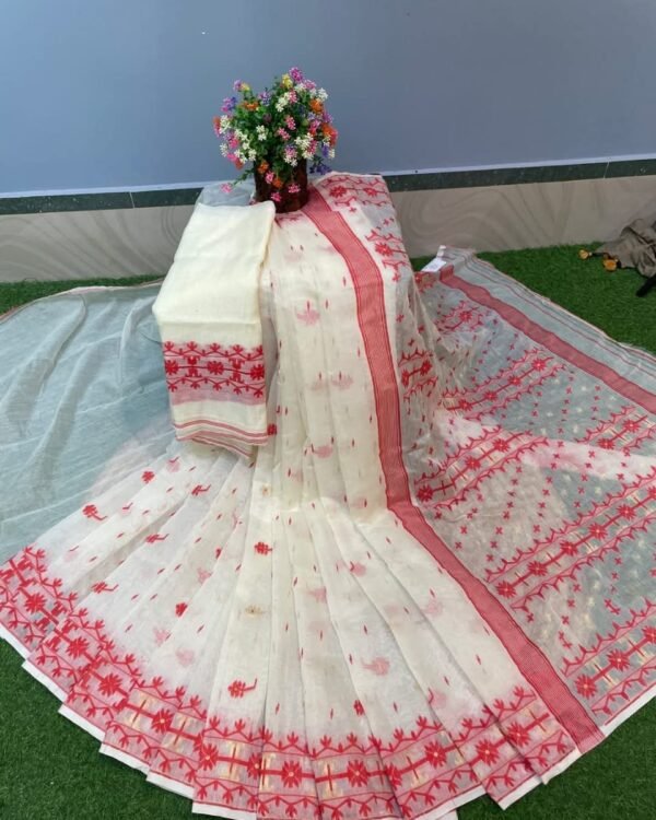 Nilanjona Soft White Red Jamdani Saree