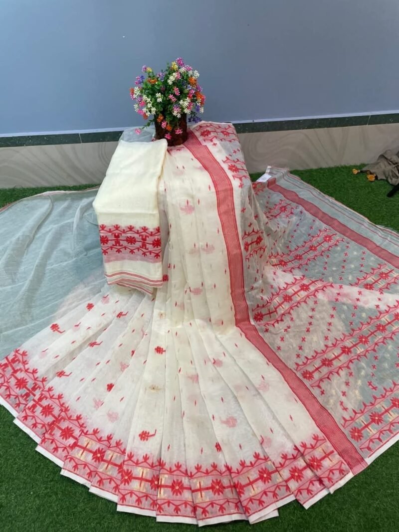 Nilanjona Soft White Red Jamdani Saree