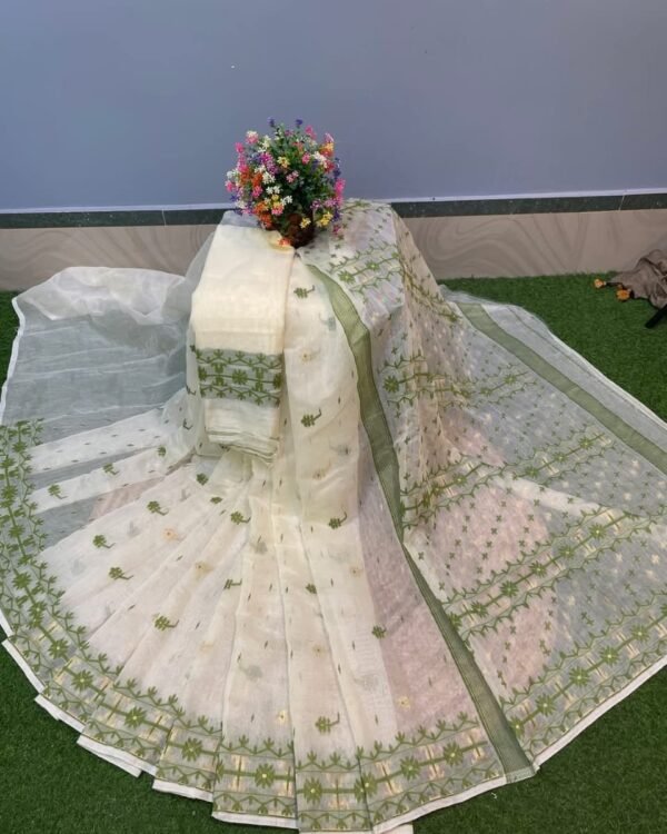Nilanjona Soft White Pasta Jamdani Saree