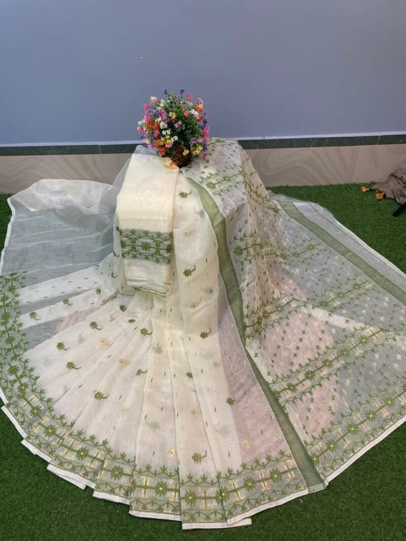 Nilanjona Soft White Pasta Jamdani Saree