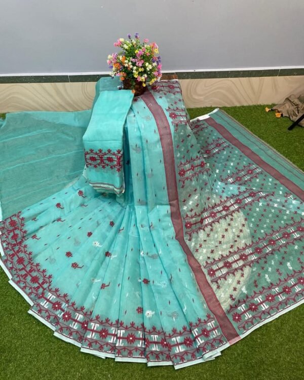 Nilanjona Soft Turquoise Jamdani Saree
