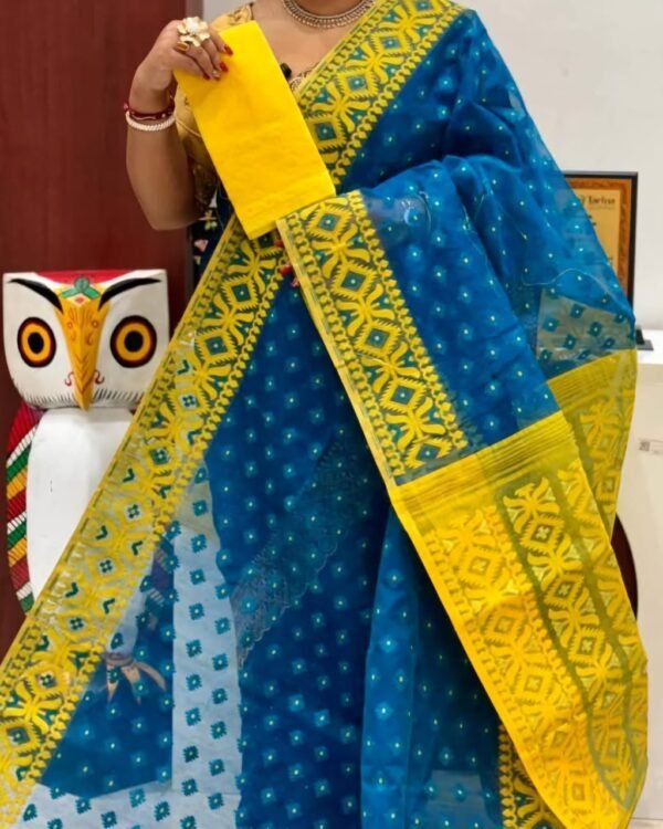 Ikkat Soft Blue Dhakai Jamdani Saree