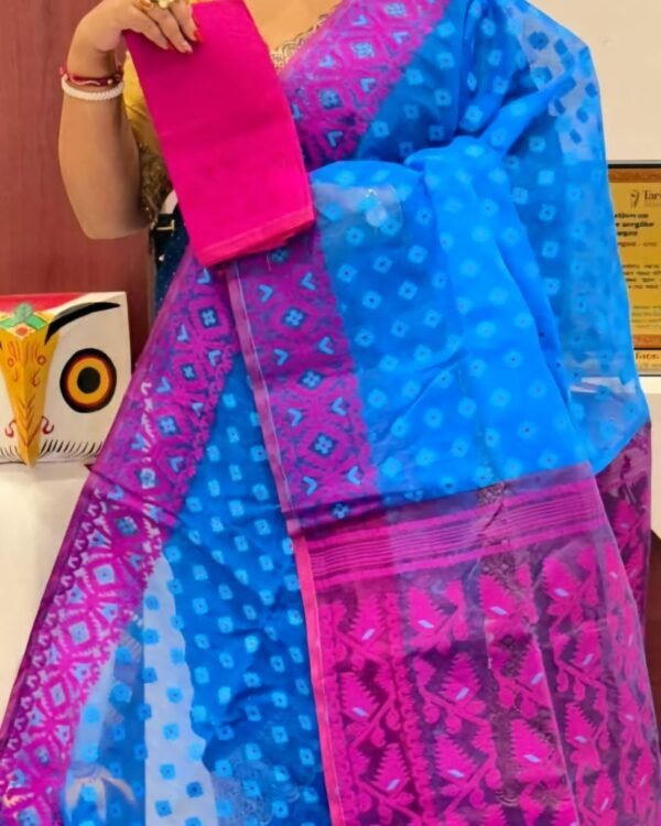 Ikkat Soft Blue Pink Dhakai Jamdani Saree