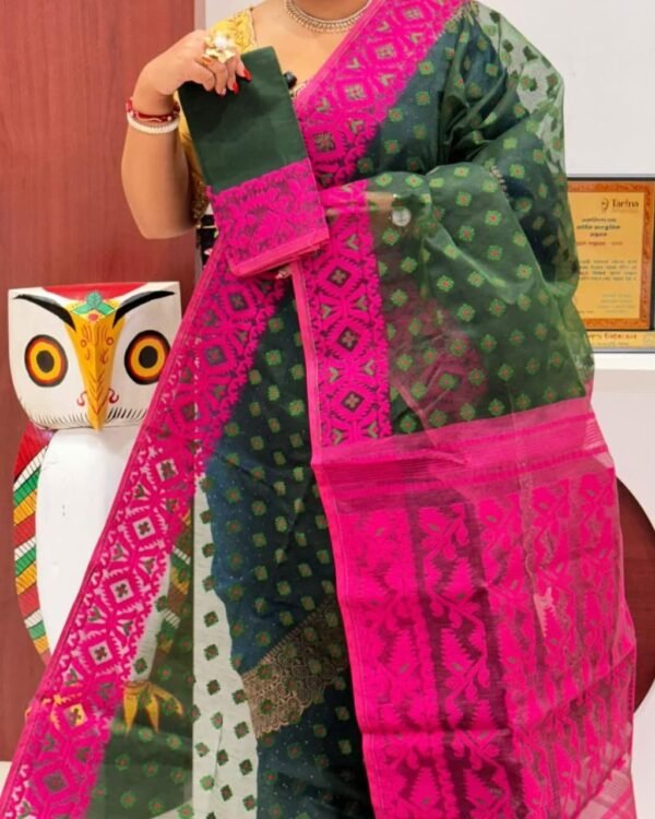 Ikkat Soft Bottle Green Dhakai Jamdani Saree