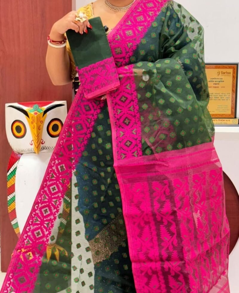 Ikkat Soft Bottle Green Dhakai Jamdani Saree