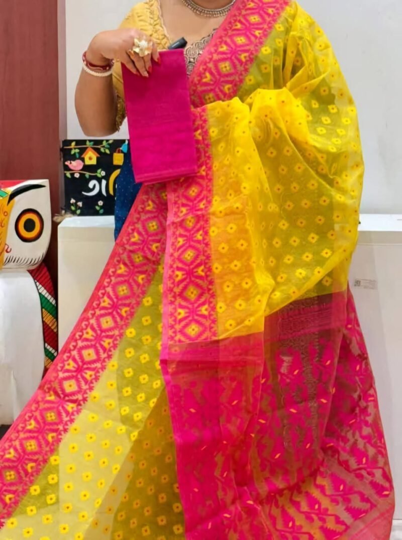 Ikkat Soft Yellow Dhakai Jamdani Saree