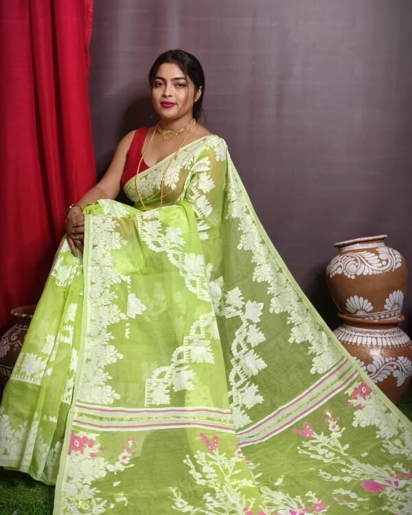 Light Olive Green Soft Dhakai Jamdani Saree