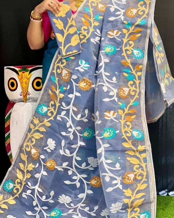 Lota Soft Grey Blue Jamdani Saree